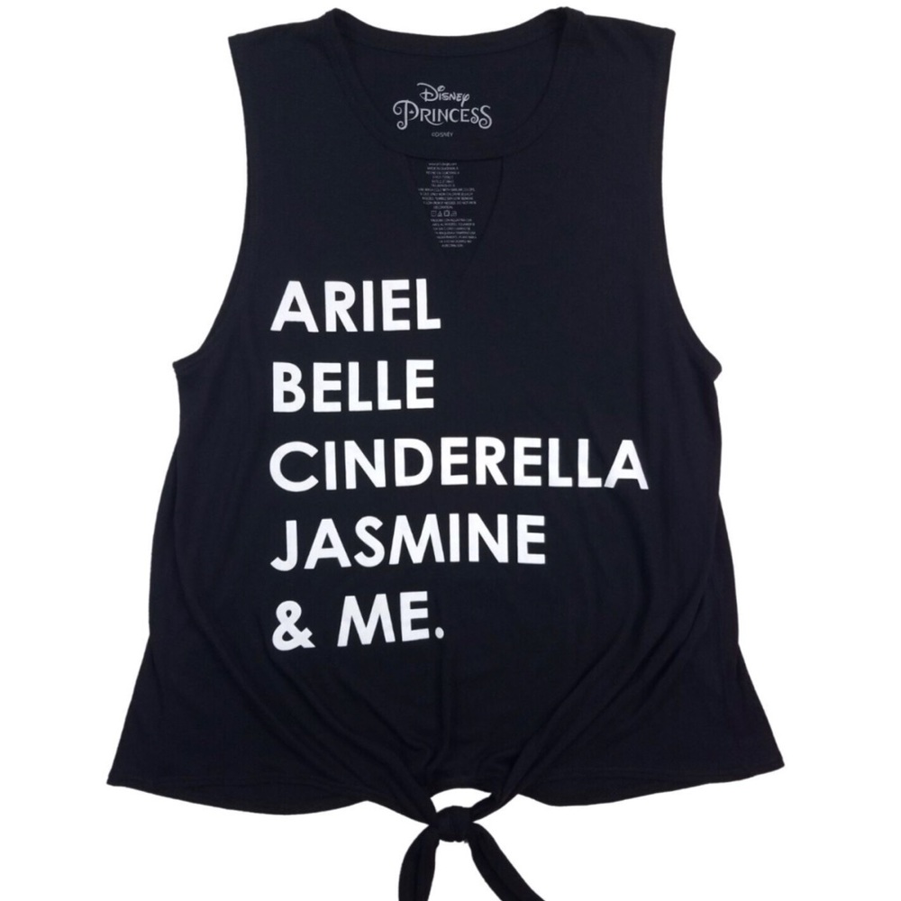 DISNEY PRINCESS NAMES ARIEL, BELLE, CINDERELLA, JASMINE & ME BLACK TIE FRONT TOP